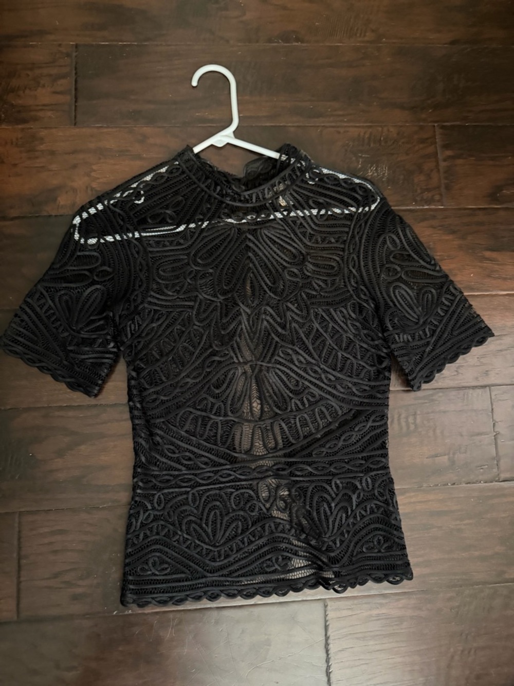 Temperley London Black Lace Short-Sleeve Mock Neck Top 100% Silk (fits like XS)